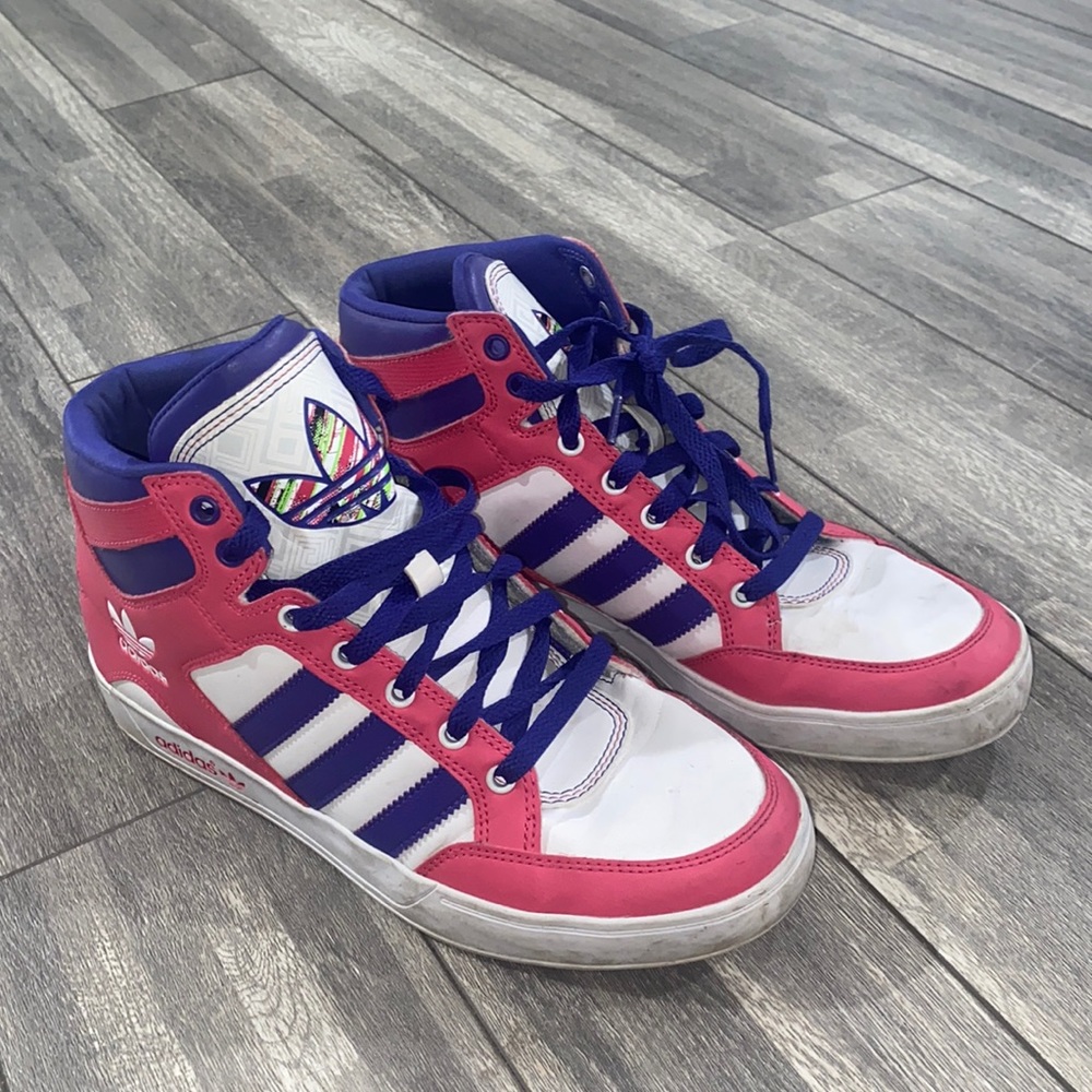 adidas sneakers purple, pink, and white